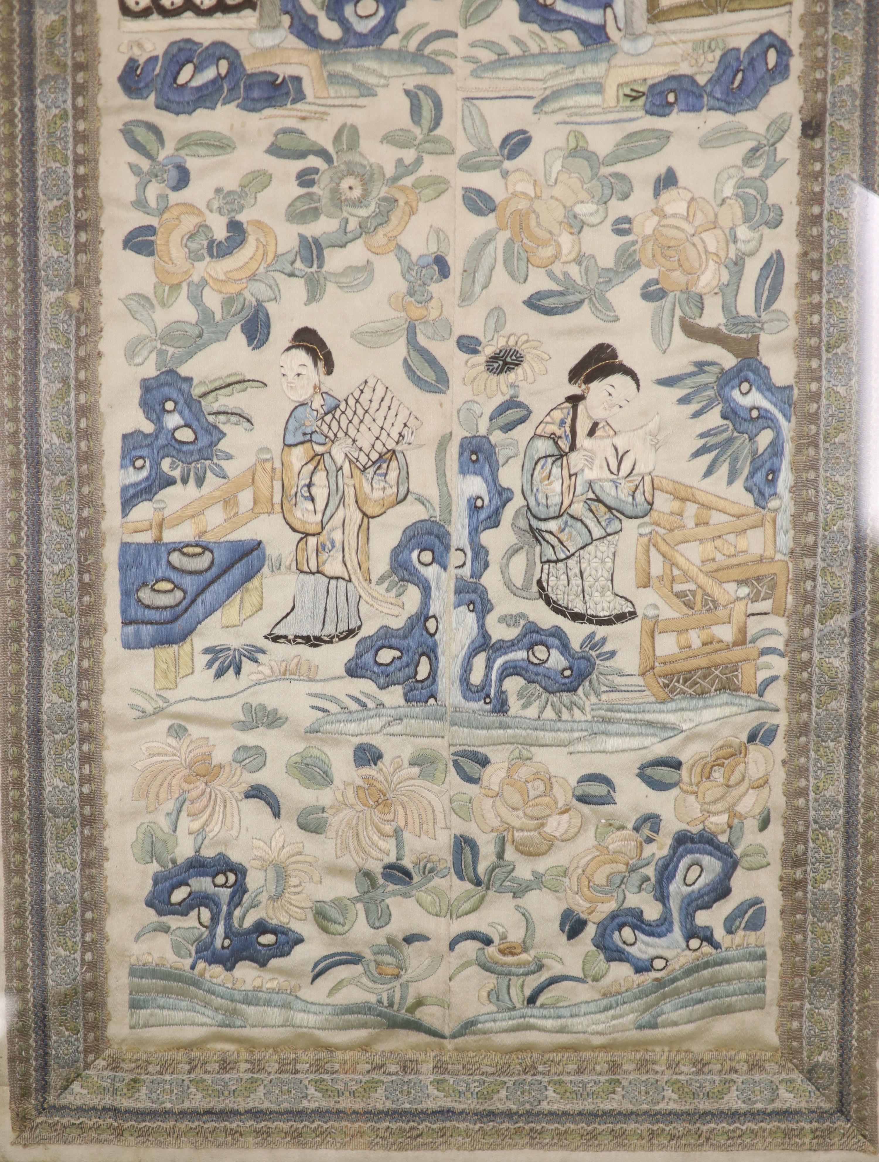Two framed Chinese late Qing embroidered silk panels 71 x 39cm & 62 x 32cm